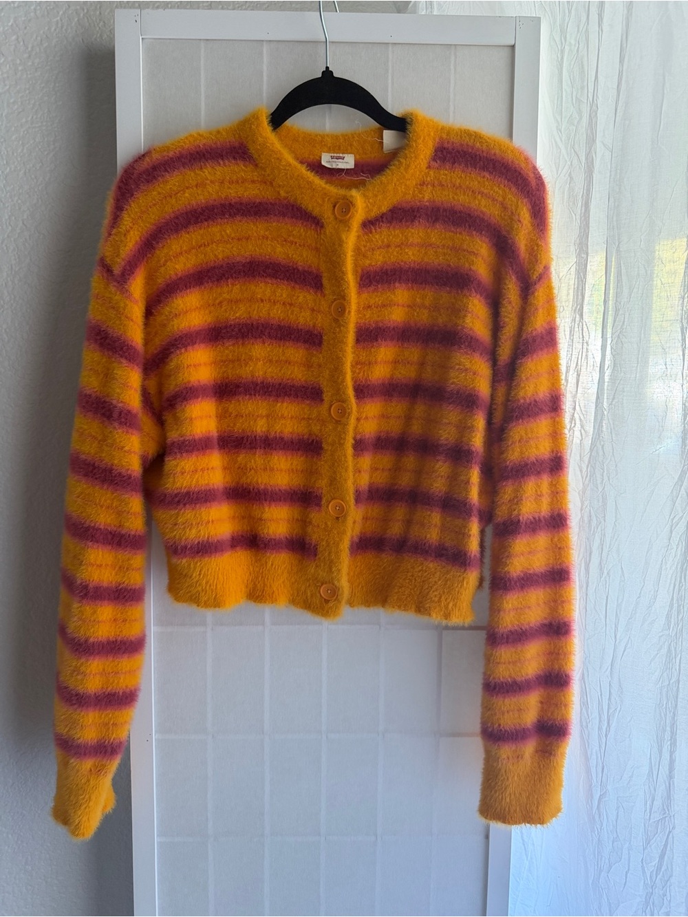 Levi's Fuzzy Striped Button-Front Cardigan in Yellow and Pink